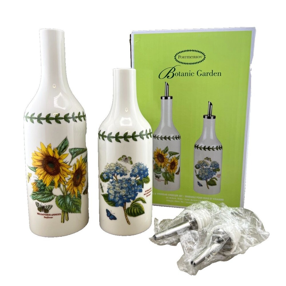 NIB Portmeirion Botanic Garden Oil & Vinegar Drizzler Set Sunflower Hydrangea